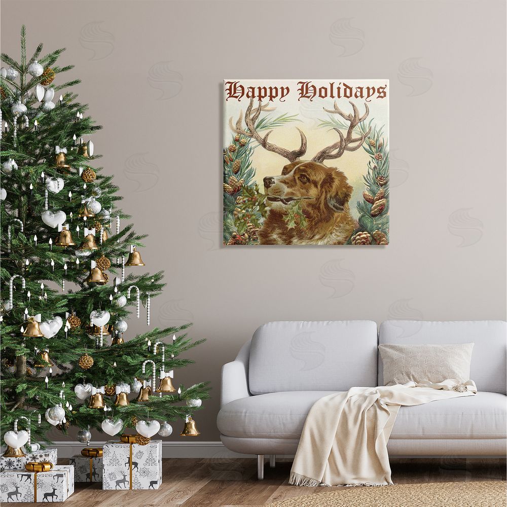 Alicia Longley Dog Wearing Antlers Seasonal Holiday Botanicals Canvas Wall Art in Room