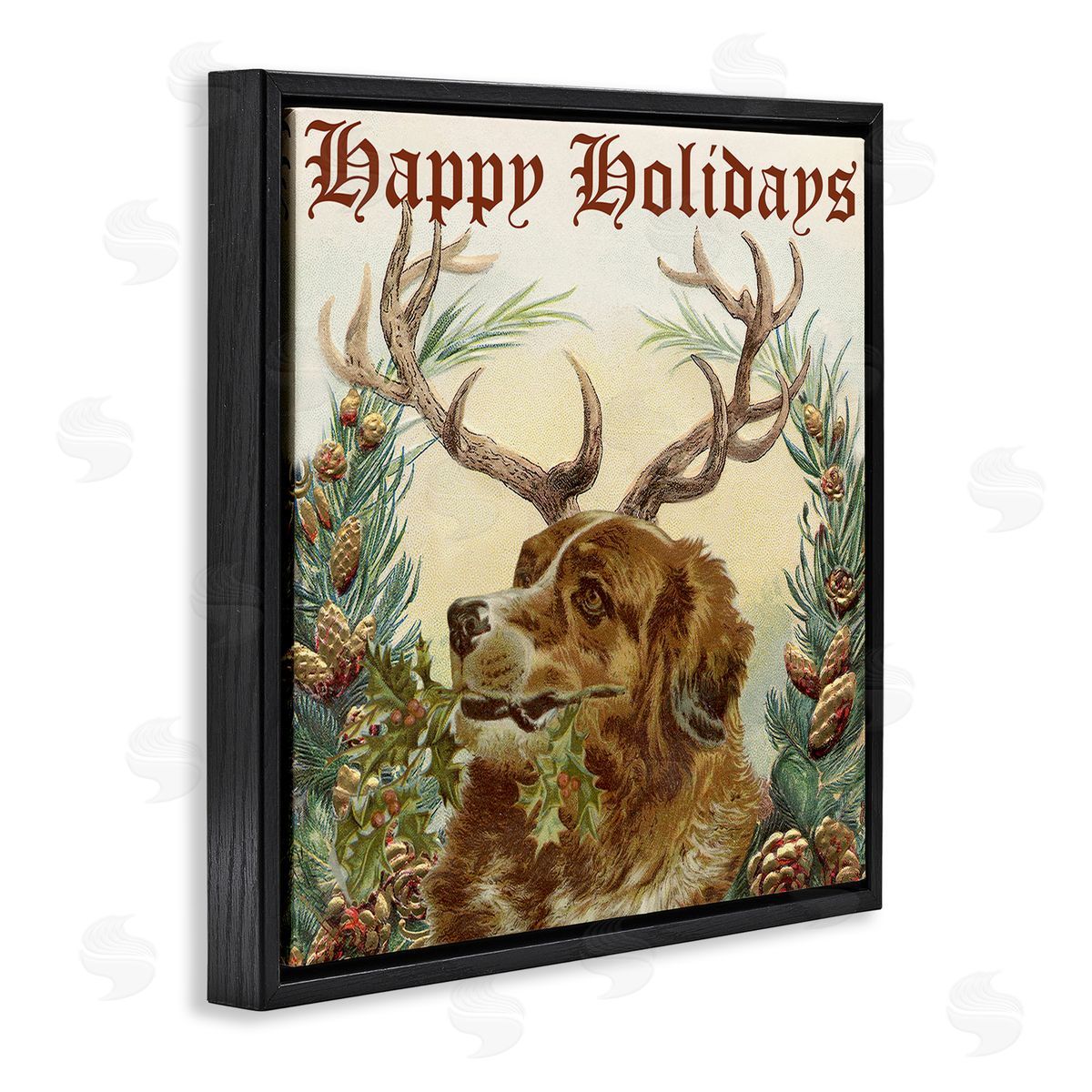 Alicia Longley Dog Wearing Antlers Seasonal Holiday Botanicals Black Floating Frame Canvas Wall Art Print
