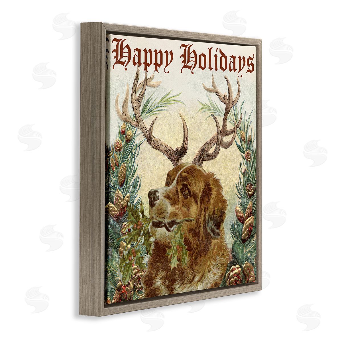 Alicia Longley Dog Wearing Antlers Seasonal Holiday Botanicals Brown Floating Frame Canvas Wall Art Print