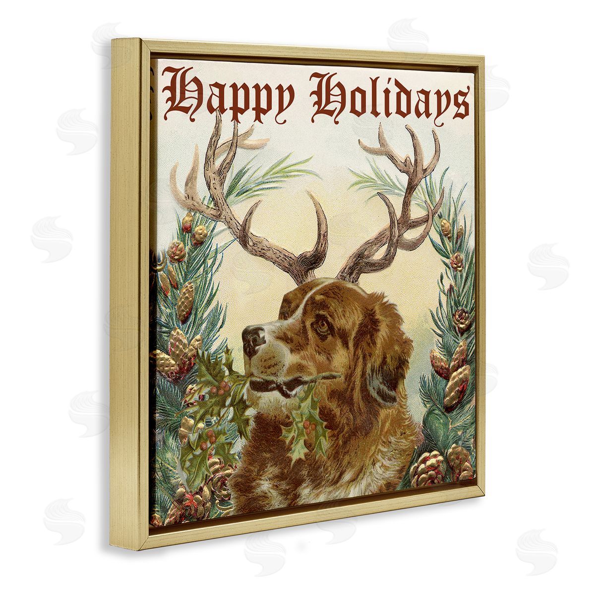 Alicia Longley Dog Wearing Antlers Seasonal Holiday Botanicals Gold Floating Frame Canvas Wall Art Print