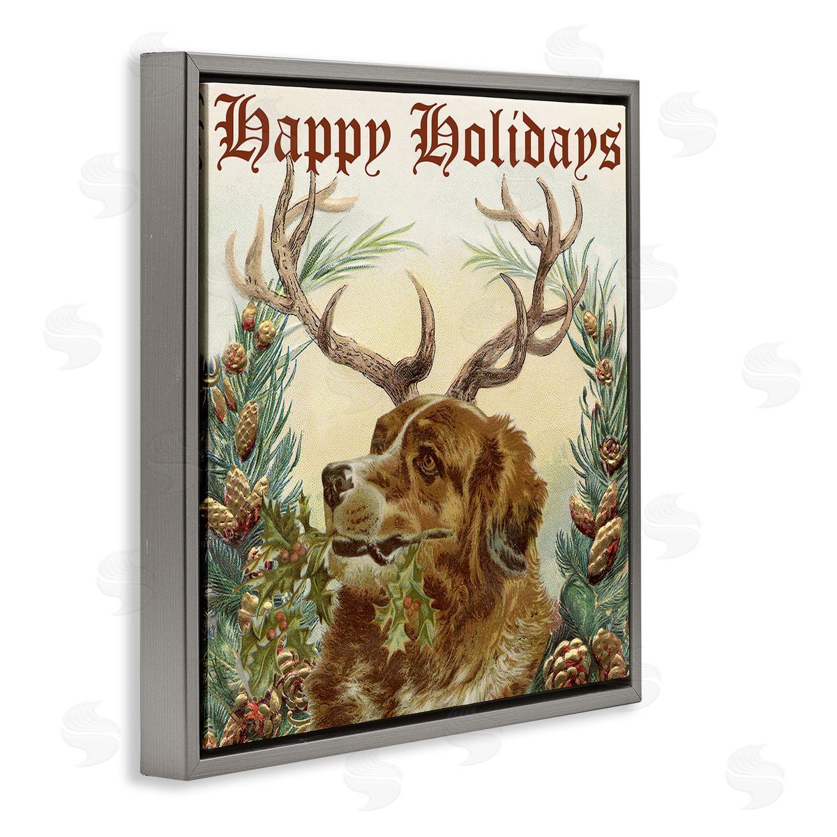 Alicia Longley Dog Wearing Antlers Seasonal Holiday Botanicals Gray Floating Frame Canvas Wall Art Print