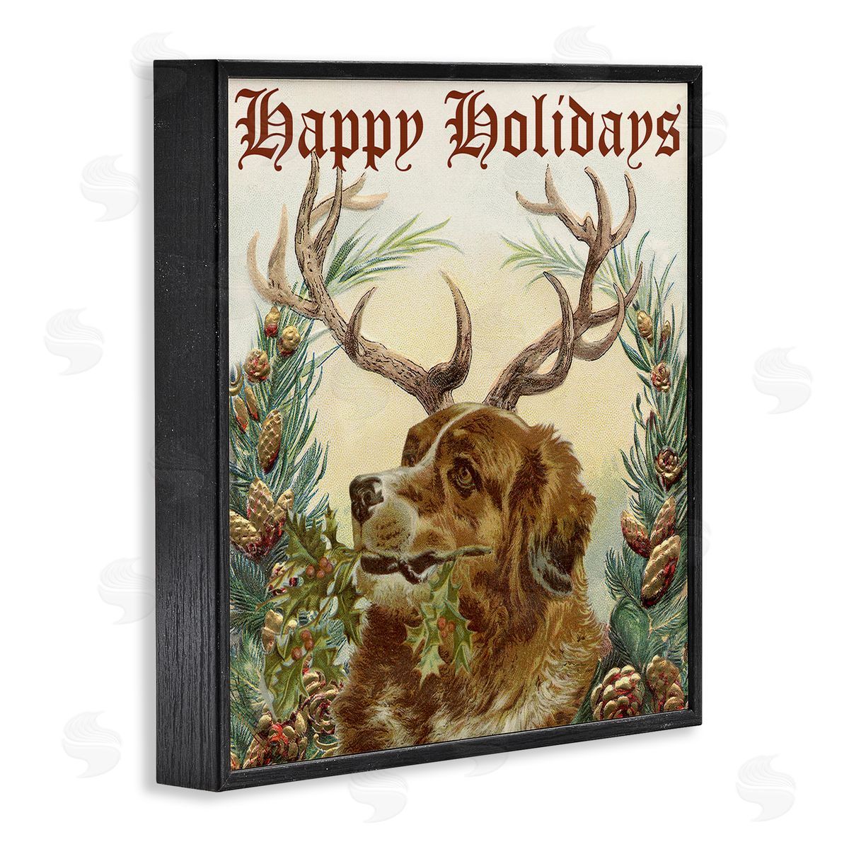 Alicia Longley Dog Wearing Antlers Seasonal Holiday Botanicals Black Framed Glicee Wall Art Print