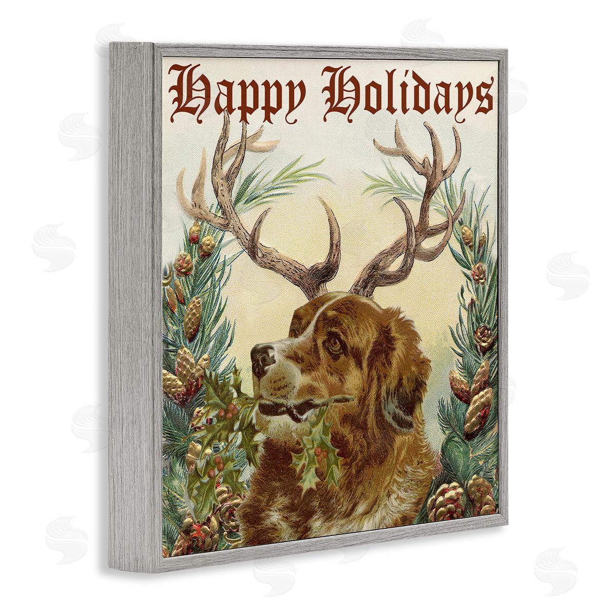 Alicia Longley Dog Wearing Antlers Seasonal Holiday Botanicals Gray Framed Glicee Wall Art Print