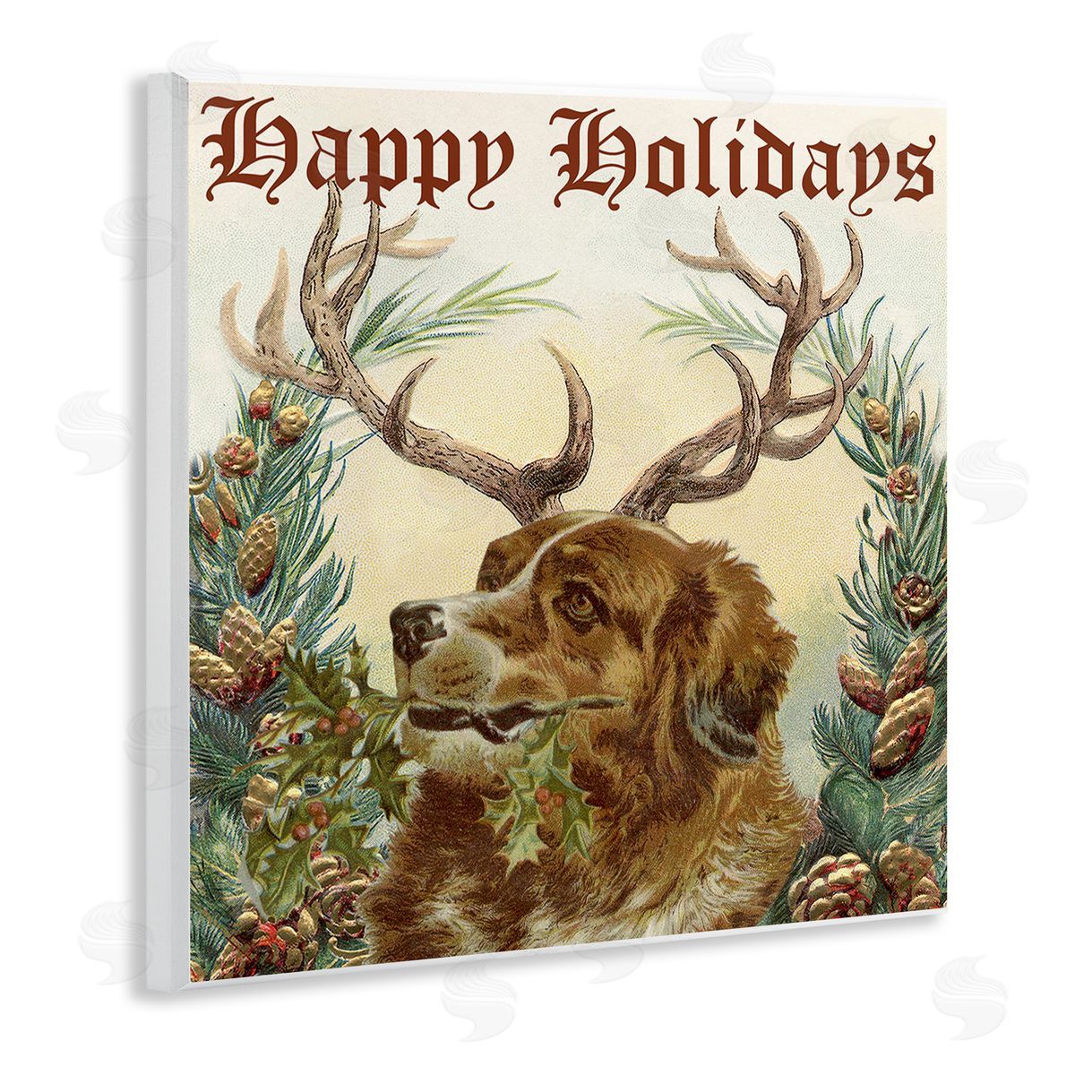 Alicia Longley Dog Wearing Antlers Seasonal Holiday Botanicals Wooden Wall Plaque Art Print