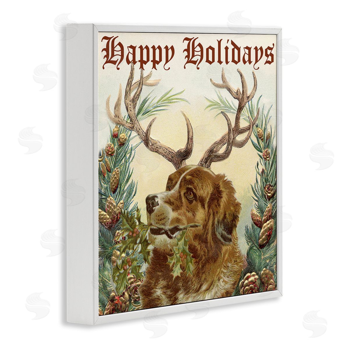 Alicia Longley Dog Wearing Antlers Seasonal Holiday Botanicals White Framed Glicee Wall Art Print
