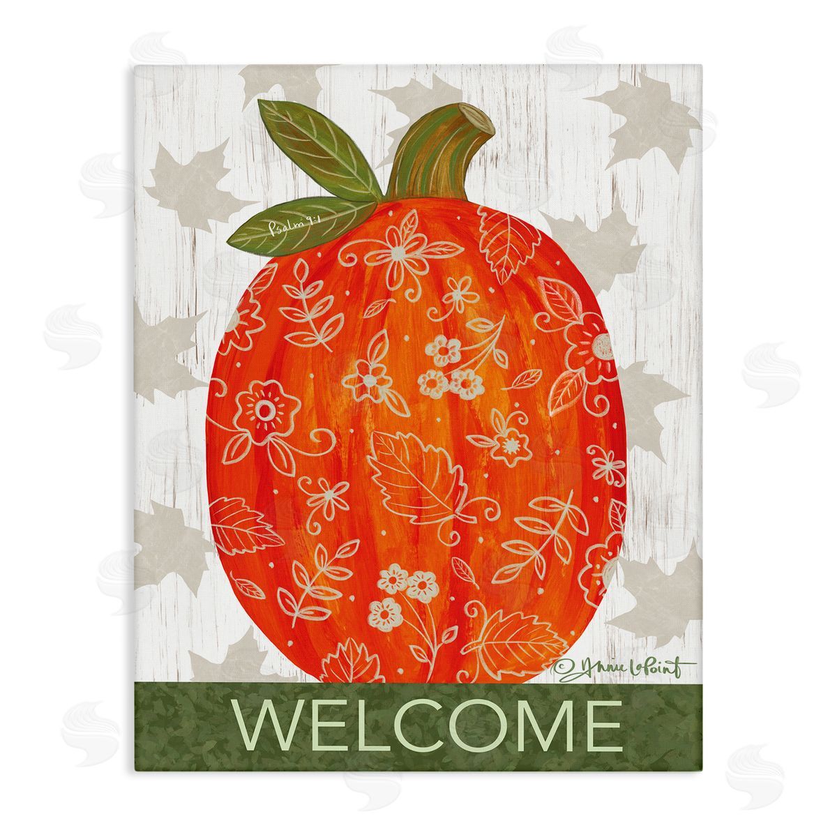 Annie LaPoint Patterned Autumn Botanicals Pumpkin Welcome Sign Stretched Canvas Wall Art Print