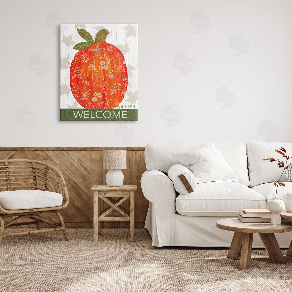 Annie LaPoint Patterned Autumn Botanicals Pumpkin Welcome Sign Canvas Wall Art Print in Room