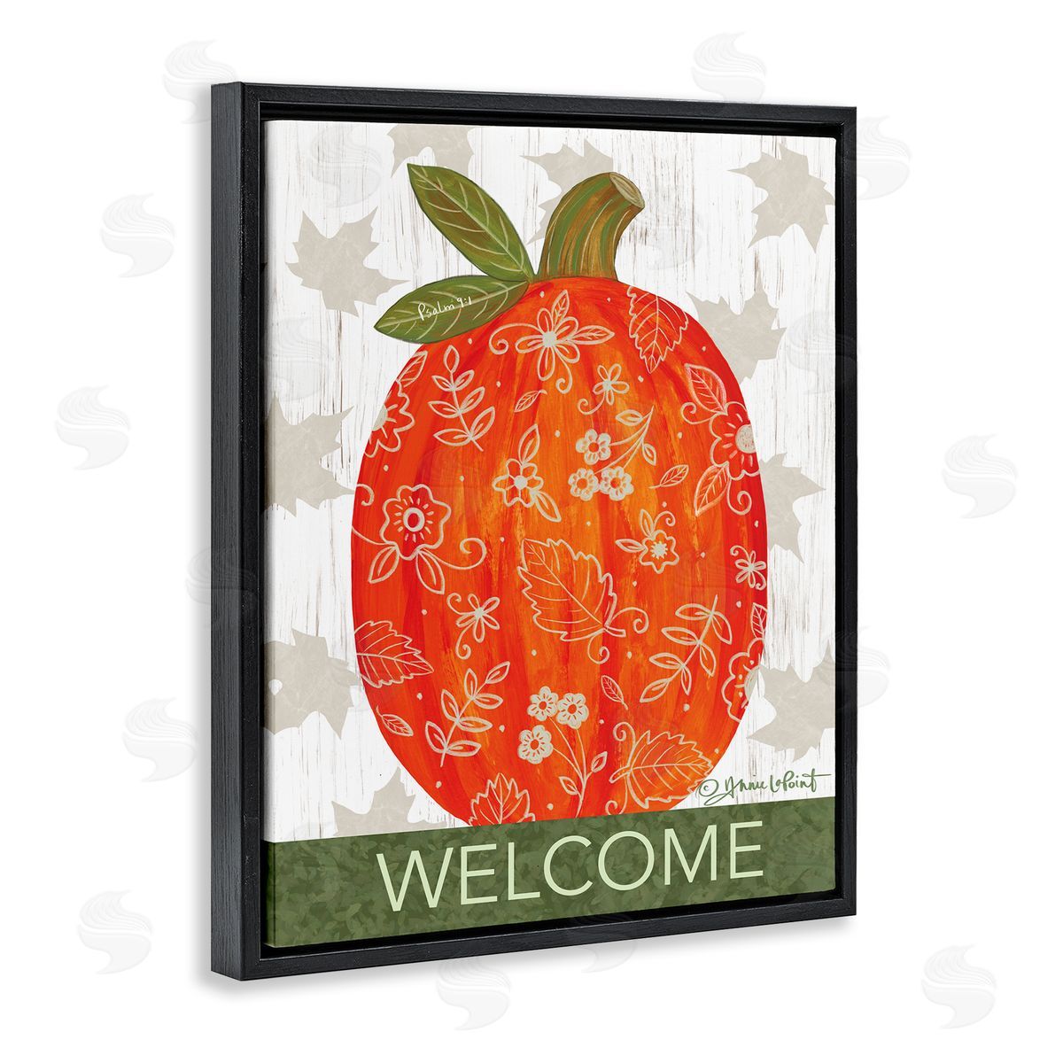 Annie LaPoint Patterned Autumn Botanicals Pumpkin Welcome Sign Black Floating Frame Canvas Wall Art Print