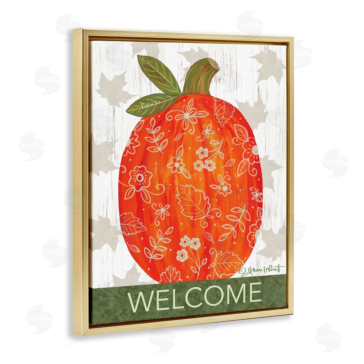 Annie LaPoint Patterned Autumn Botanicals Pumpkin Welcome Sign Gold Floating Frame Canvas Wall Art Print