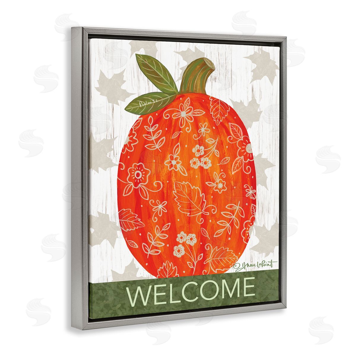Annie LaPoint Patterned Autumn Botanicals Pumpkin Welcome Sign Gray Floating Frame Canvas Wall Art Print