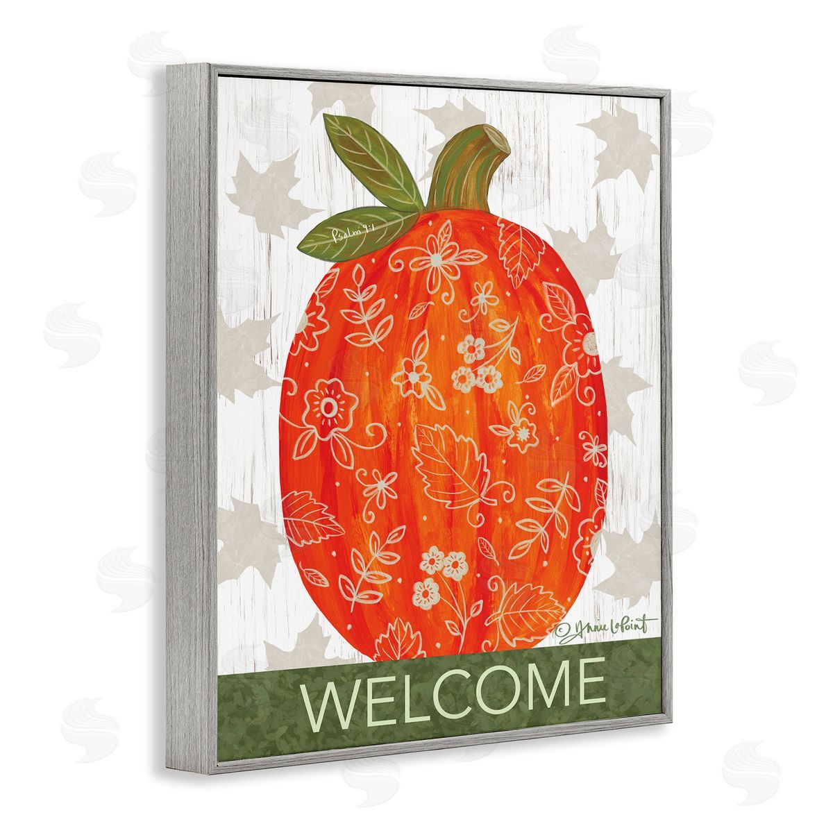 Annie LaPoint Patterned Autumn Botanicals Pumpkin Welcome Sign Gray Framed Giclee Wall Art Print