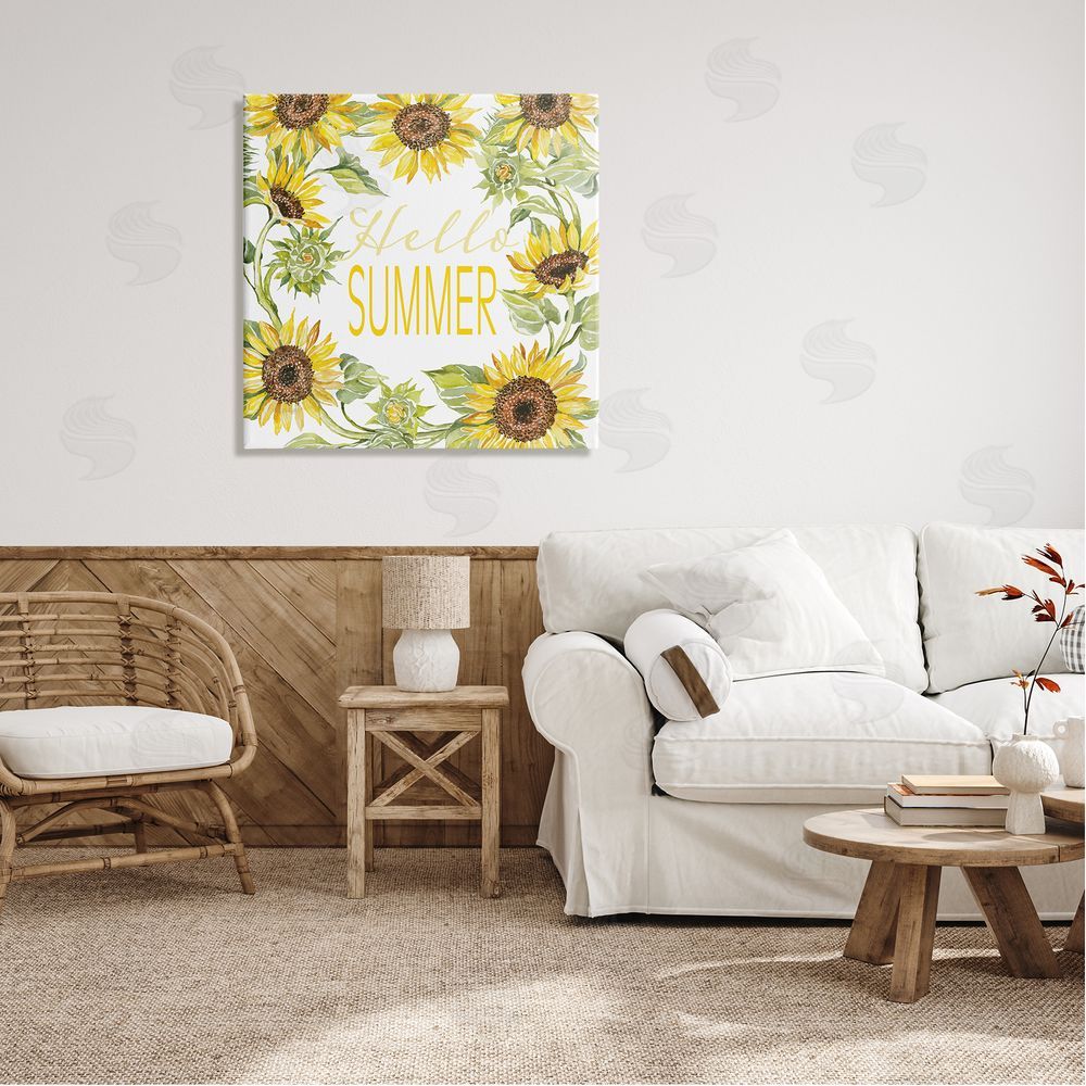 Cindy Jacobs Hello Summer Warm Yellow Sunflower Typography Border Canvas Wall Art in Room