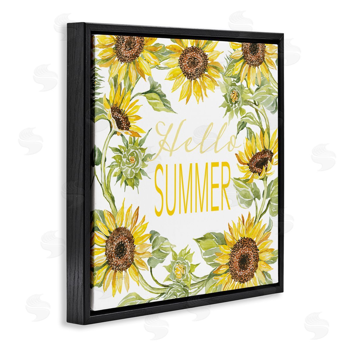 Cindy Jacobs Hello Summer Warm Yellow Sunflower Typography Border Black Floating Frame Canvas Wall Art Print