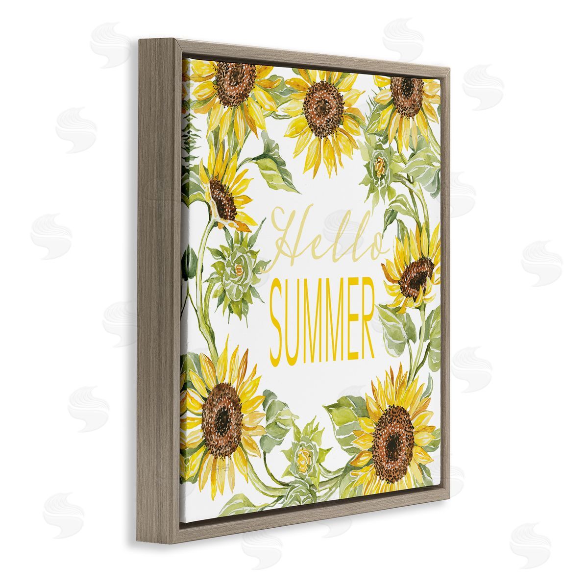 Cindy Jacobs Hello Summer Warm Yellow Sunflower Typography Border Brown Floating Frame Canvas Wall Art Print