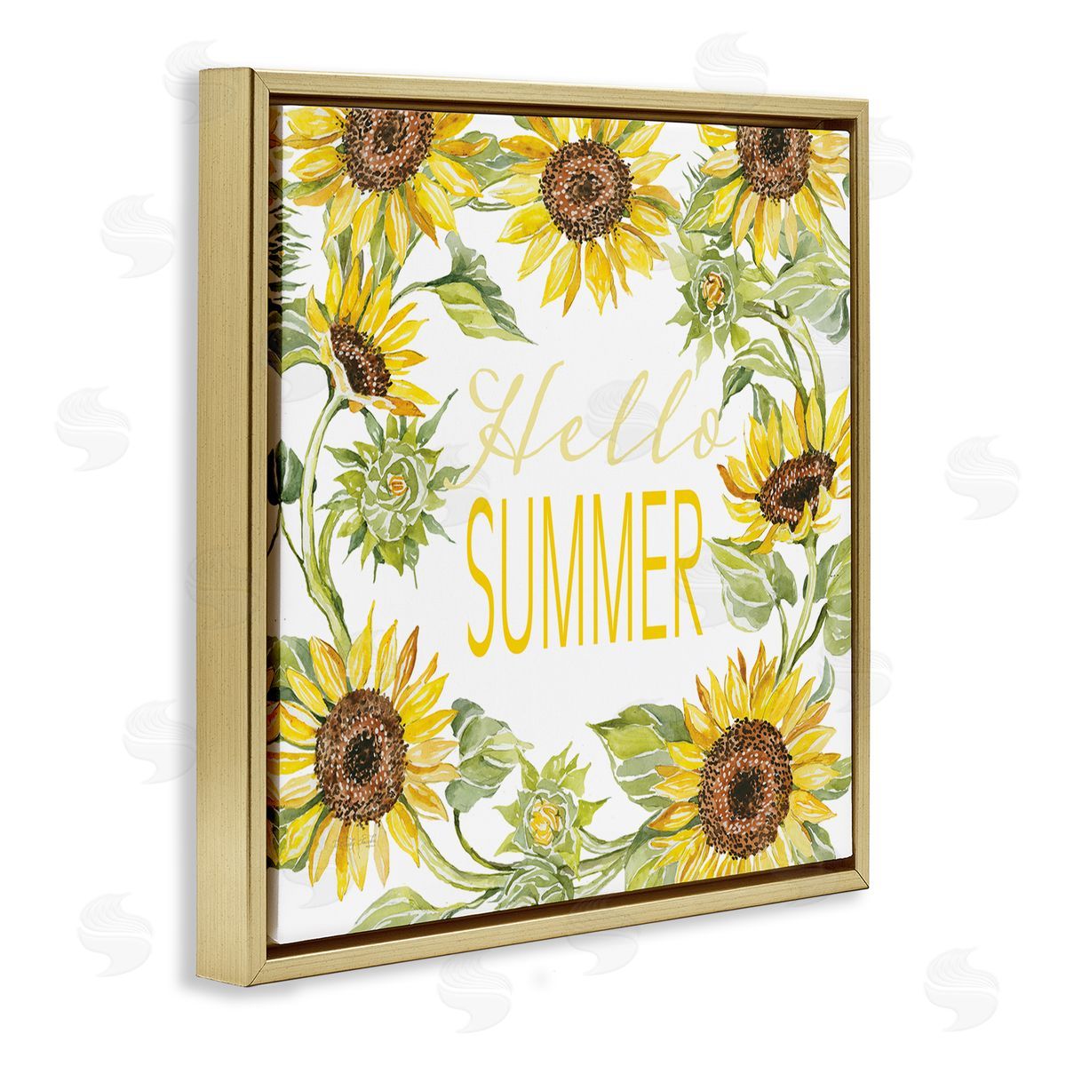 Cindy Jacobs Hello Summer Warm Yellow Sunflower Typography Border Gold Floating Frame Canvas Wall Art Print