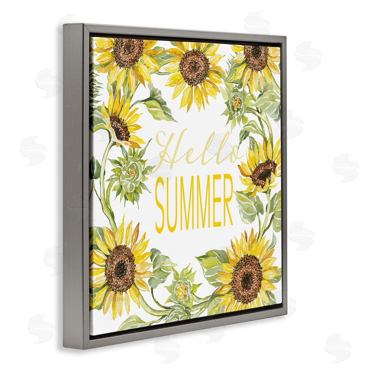Cindy Jacobs Hello Summer Warm Yellow Sunflower Typography Border Gray Floating Frame Canvas Wall Art Print