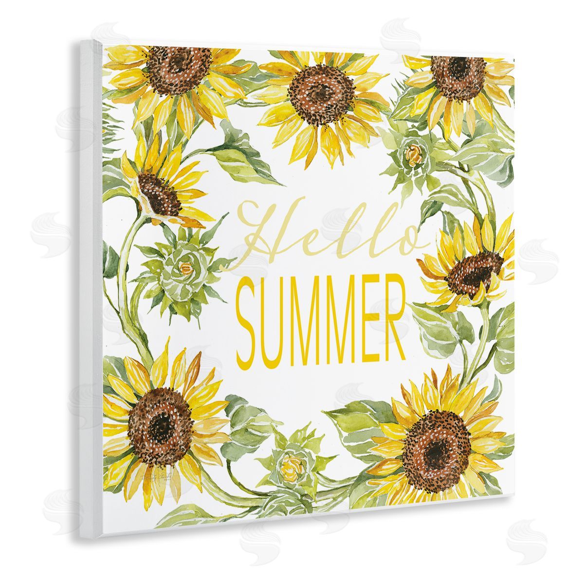 Cindy Jacobs Hello Summer Warm Yellow Sunflower Typography Border Wooden Wall Plaque Art Print