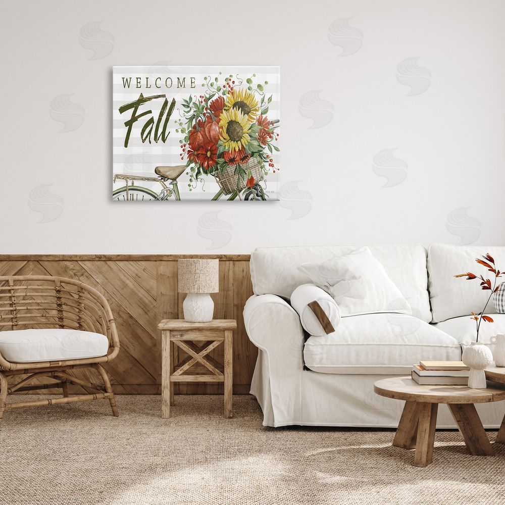 Cindy Jacobs Welcome Fall Autumnal Flower Assortment Bicycle Basket Canvas Wall Art Print in Room