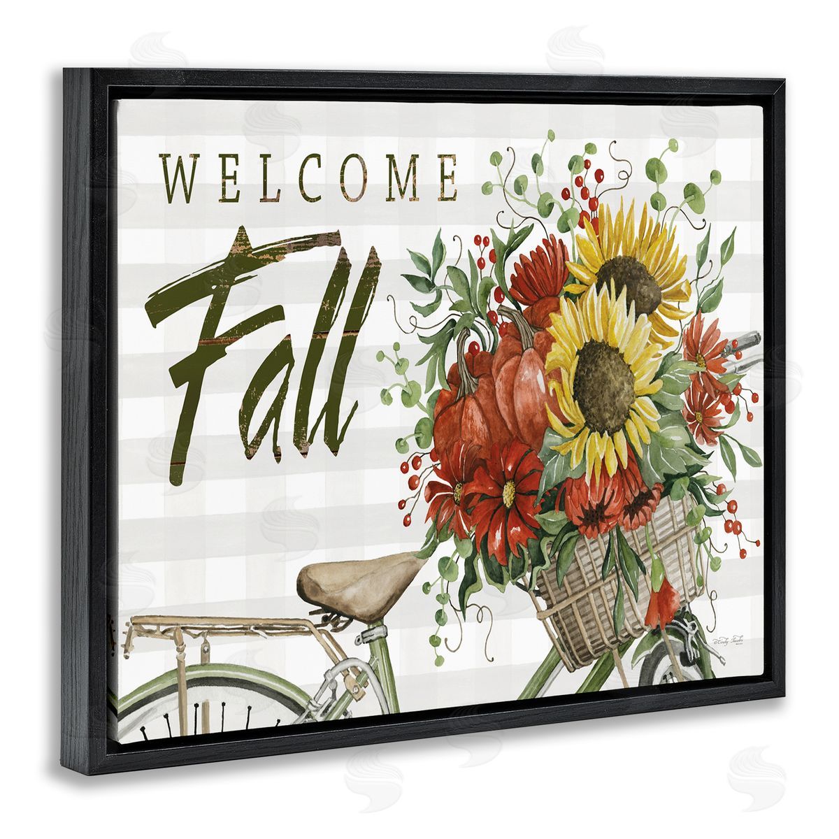 Cindy Jacobs Welcome Fall Autumnal Flower Assortment Bicycle Basket Black Floating Frame Canvas Wall Art Print