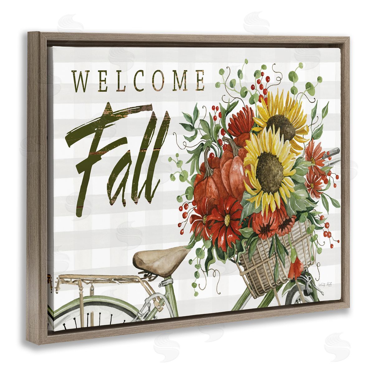 Cindy Jacobs Welcome Fall Autumnal Flower Assortment Bicycle Basket Brown Floating Frame Canvas Wall Art Print