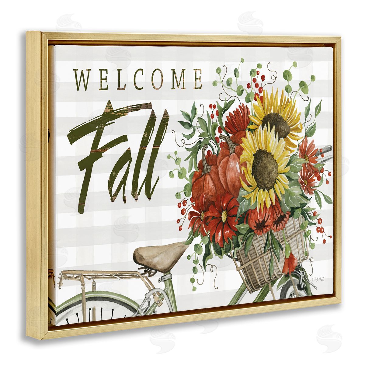 Cindy Jacobs Welcome Fall Autumnal Flower Assortment Bicycle Basket Gold Floating Frame Canvas Wall Art Print