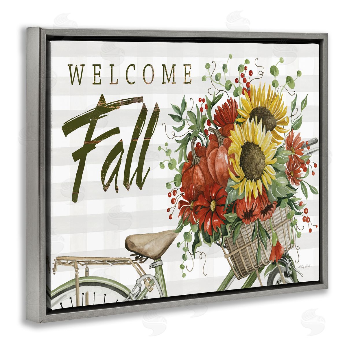 Cindy Jacobs Welcome Fall Autumnal Flower Assortment Bicycle Basket Gray Floating Frame Canvas Wall Art Print