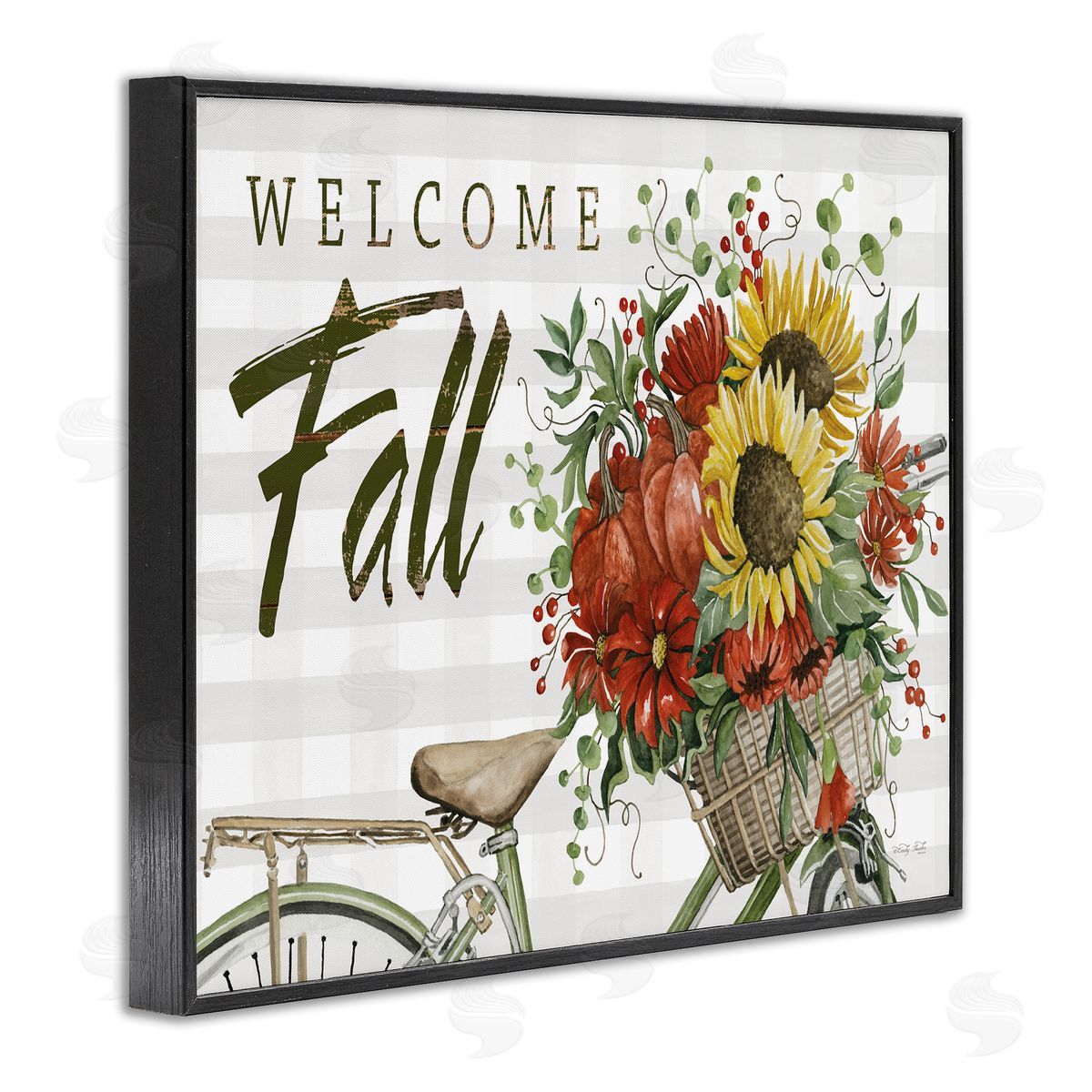 Cindy Jacobs Welcome Fall Autumnal Flower Assortment Bicycle Basket Black Framed Giclee Wall Art Print