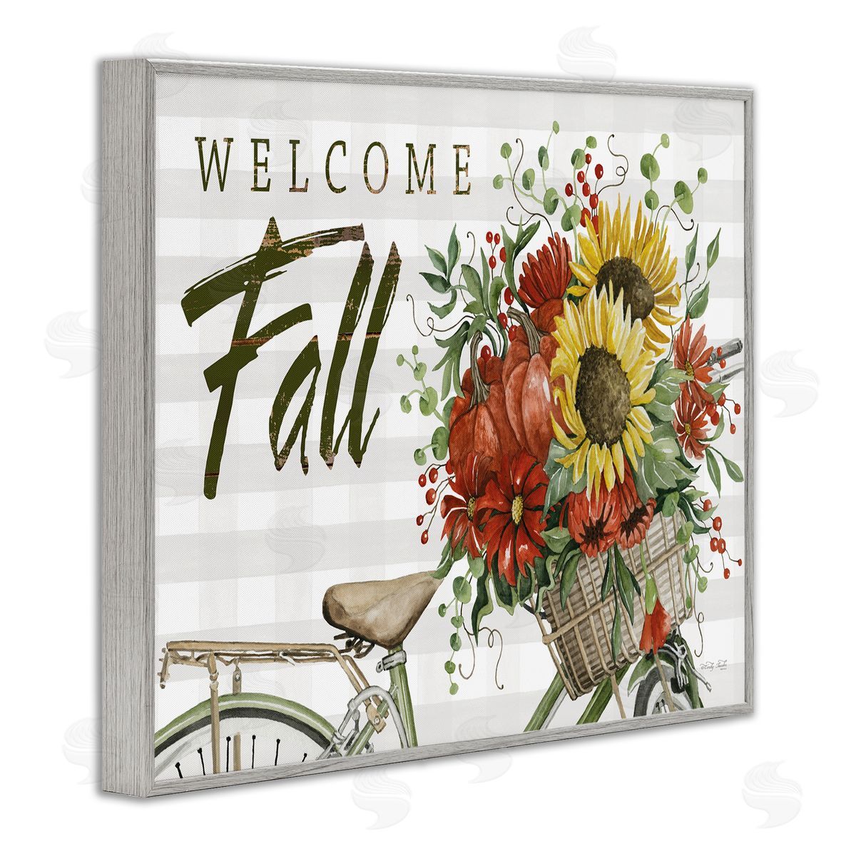 Cindy Jacobs Welcome Fall Autumnal Flower Assortment Bicycle Basket Gray Framed Giclee Wall Art Print