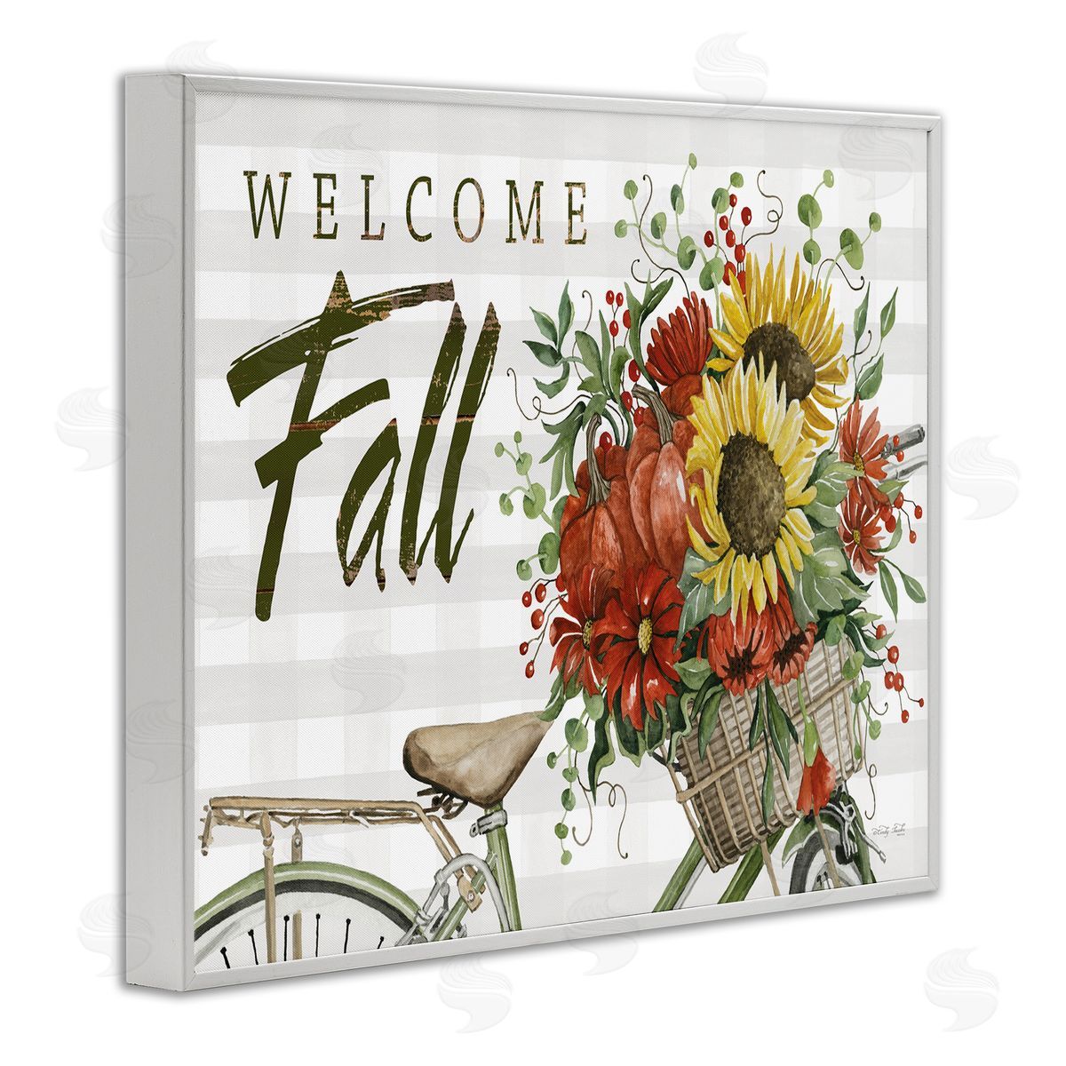 Cindy Jacobs Welcome Fall Autumnal Flower Assortment Bicycle Basket White Framed Giclee Wall Art Print