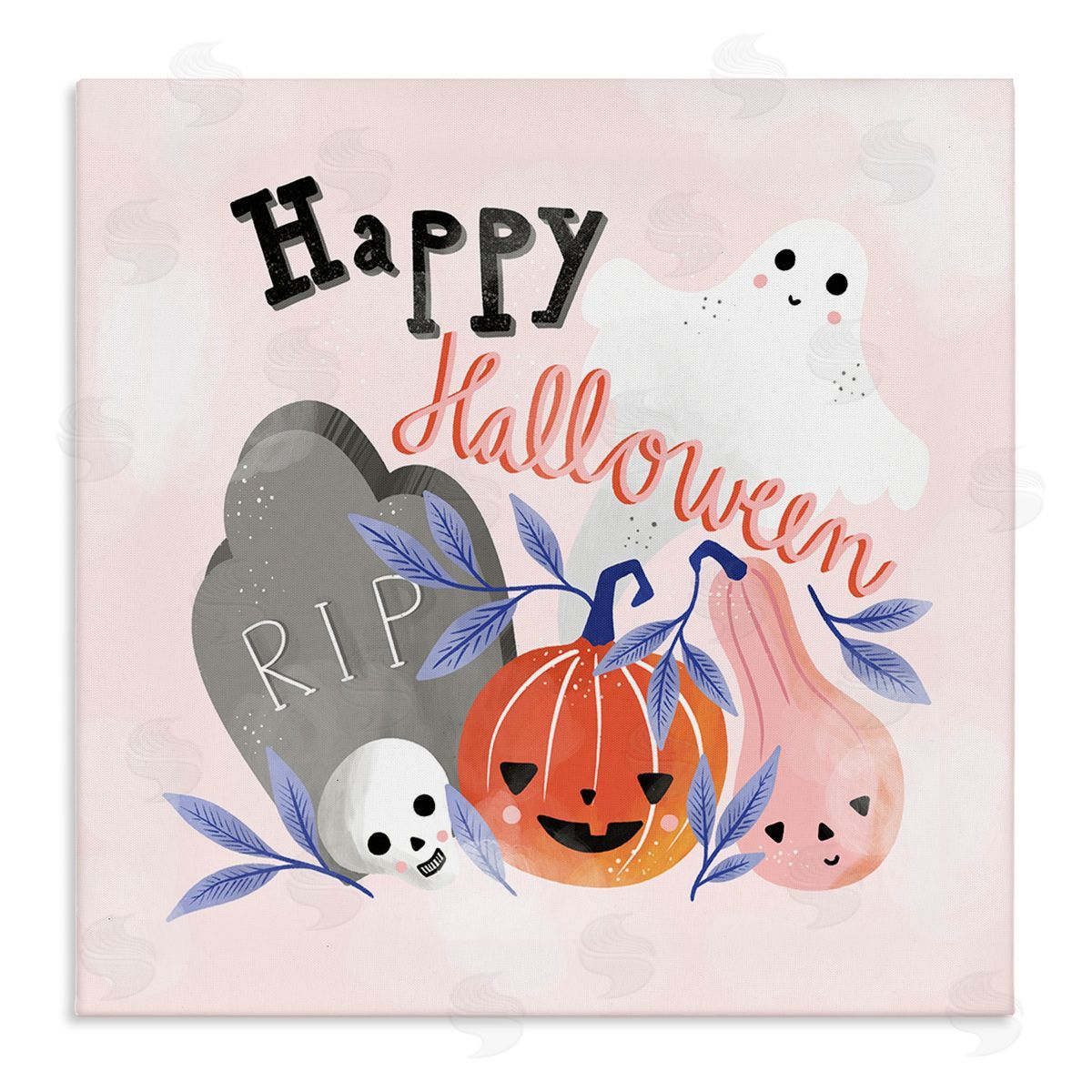 Dominika Godette Happy Halloween Typography Whimsical Haunted Faces Motifs Stretched Canvas Wall Art Print