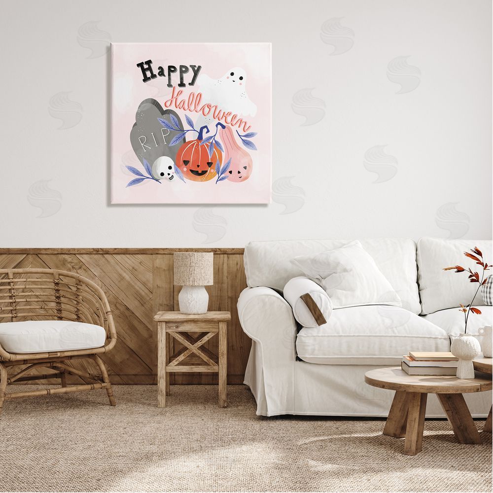 Dominika Godette Happy Halloween Typography Whimsical Haunted Faces Motifs Canvas Wall Art in Room