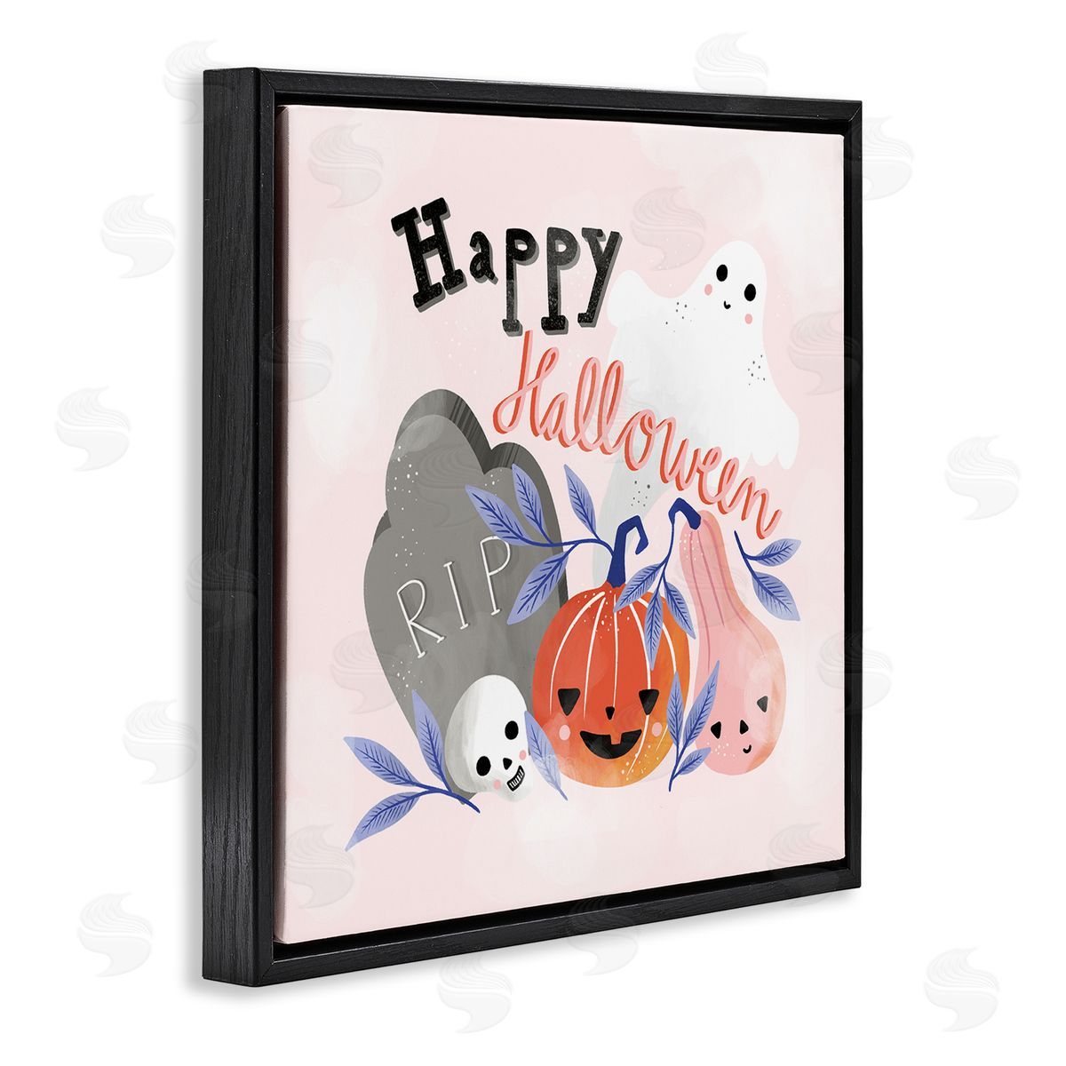 Dominika Godette Happy Halloween Typography Whimsical Haunted Faces Motifs Black Floating Frame Canvas Wall Art Print