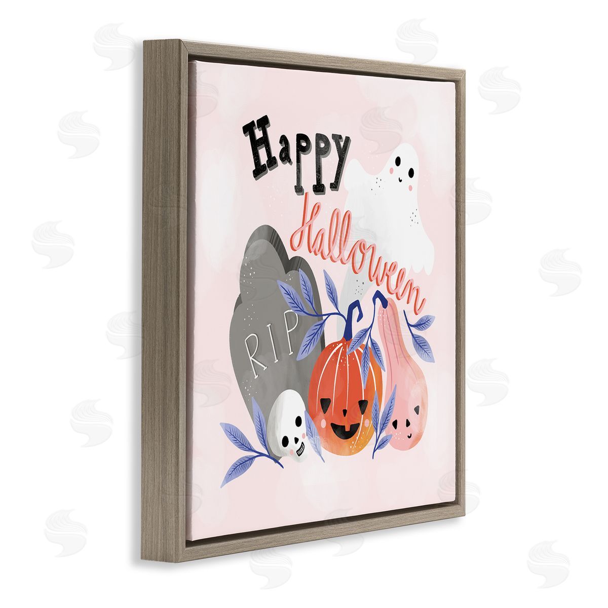 Dominika Godette Happy Halloween Typography Whimsical Haunted Faces Motifs Brown Floating Frame Canvas Wall Art Print