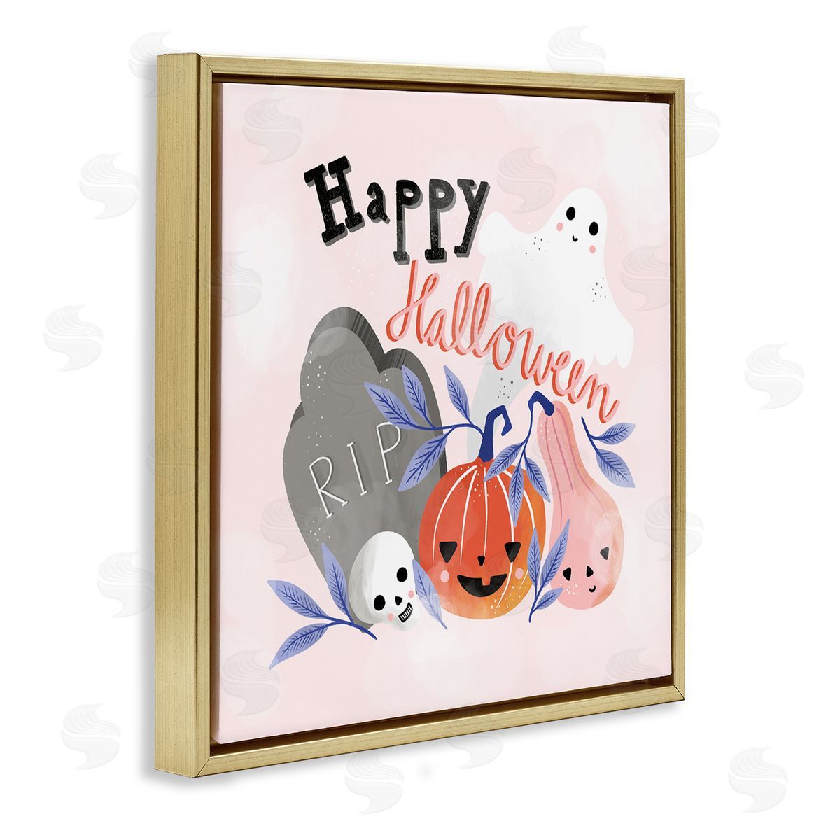 Dominika Godette Happy Halloween Typography Whimsical Haunted Faces Motifs Gold Floating Frame Canvas Wall Art Print