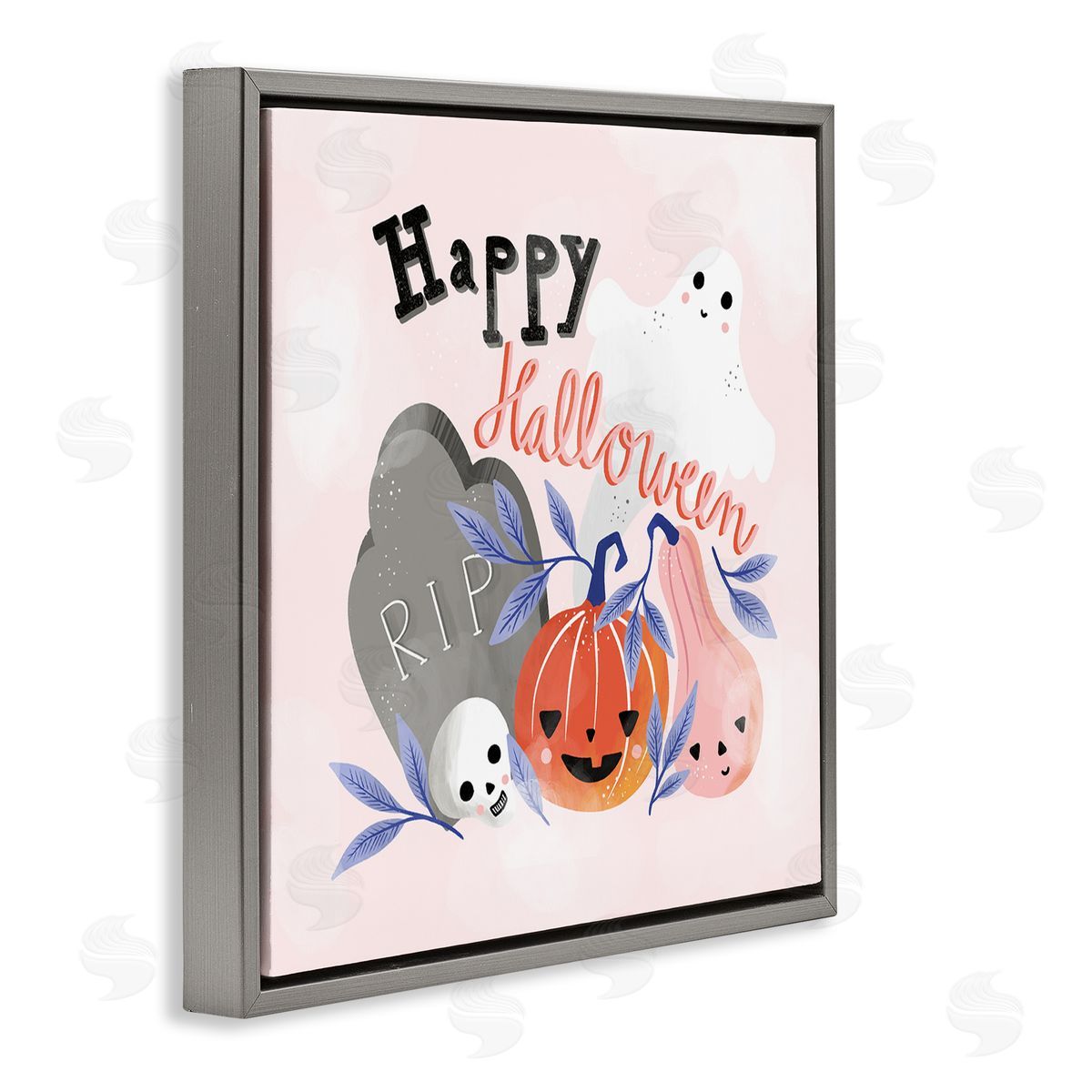 Dominika Godette Happy Halloween Typography Whimsical Haunted Faces Motifs Gray Floating Frame Canvas Wall Art Print