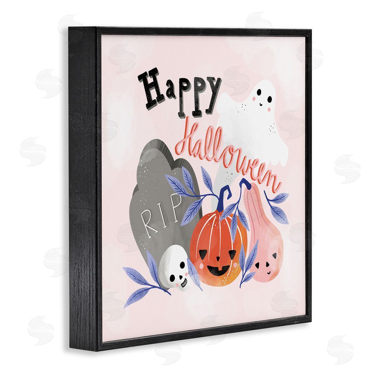 Dominika Godette Happy Halloween Typography Whimsical Haunted Faces Motifs Black Framed Glicee Wall Art Print