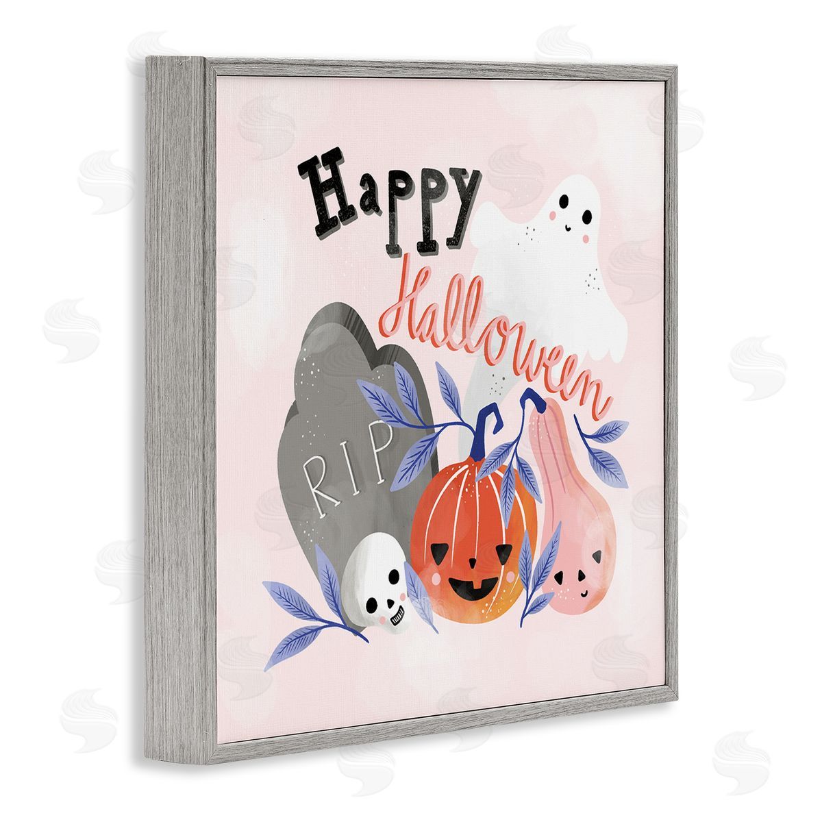 Dominika Godette Happy Halloween Typography Whimsical Haunted Faces Motifs Gray Framed Glicee Wall Art Print