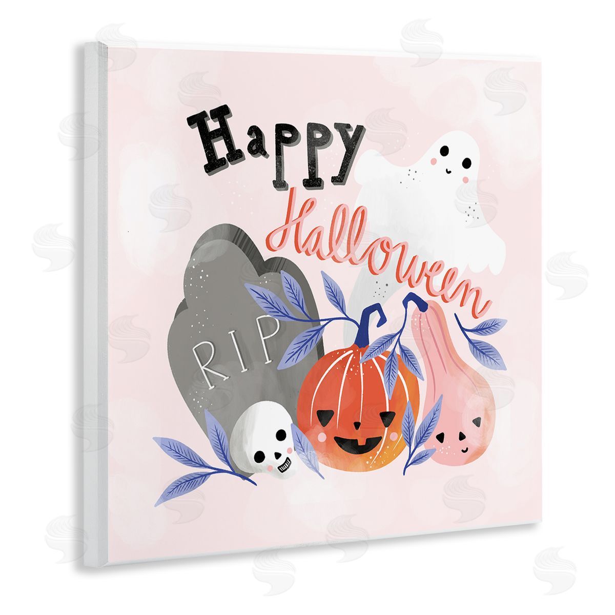 Dominika Godette Happy Halloween Typography Whimsical Haunted Faces Motifs Wooden Wall Plaque Art Print