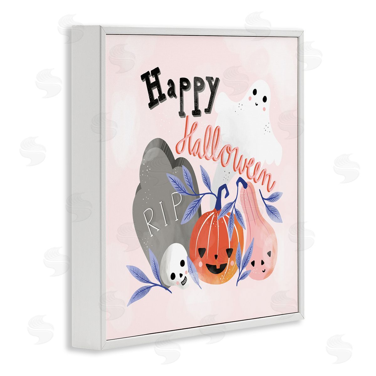 Dominika Godette Happy Halloween Typography Whimsical Haunted Faces Motifs White Framed Glicee Wall Art Print