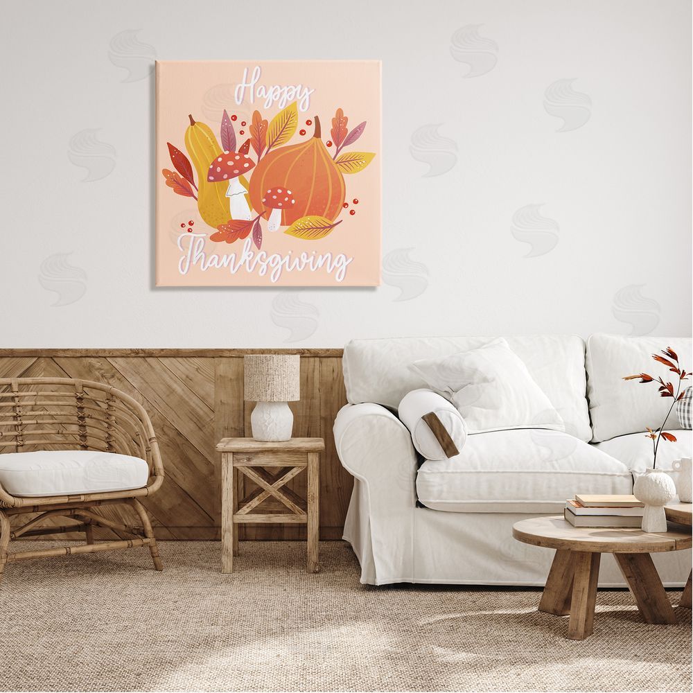 Dominika Godette Happy Thanksgiving Whimsical Autumnal Mushroom Botanicals Canvas Wall Art in Room