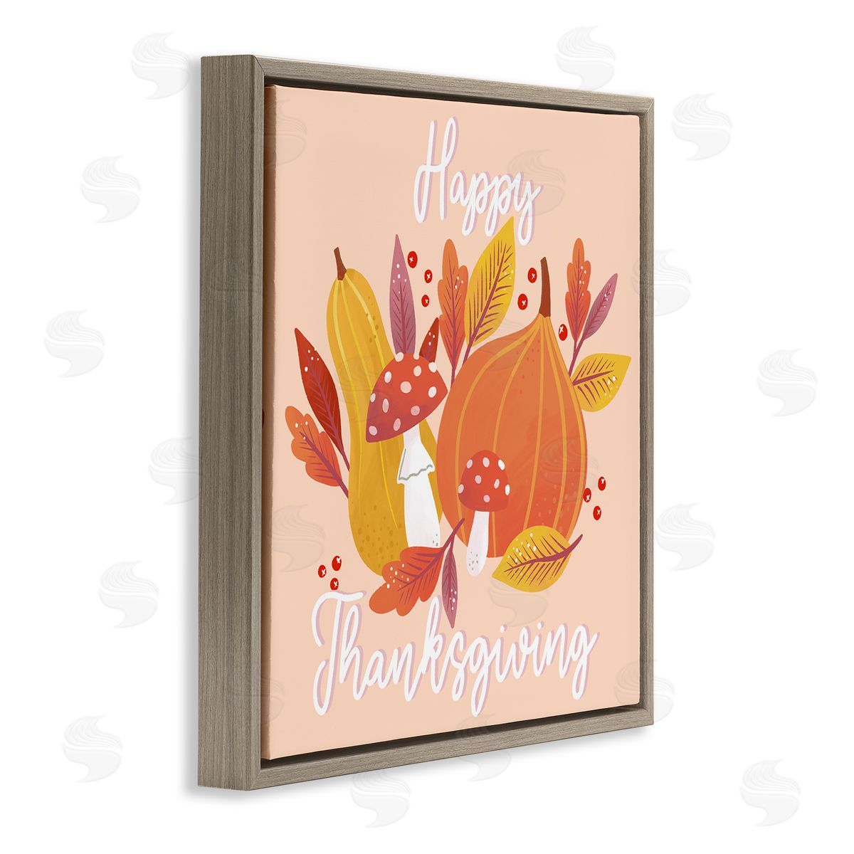 Dominika Godette Happy Thanksgiving Whimsical Autumnal Mushroom Botanicals Brown Floating Frame Canvas Wall Art Print