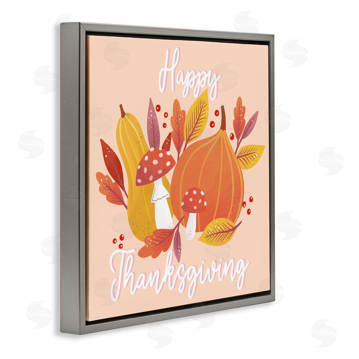Dominika Godette Happy Thanksgiving Whimsical Autumnal Mushroom Botanicals Gray Floating Frame Canvas Wall Art Print