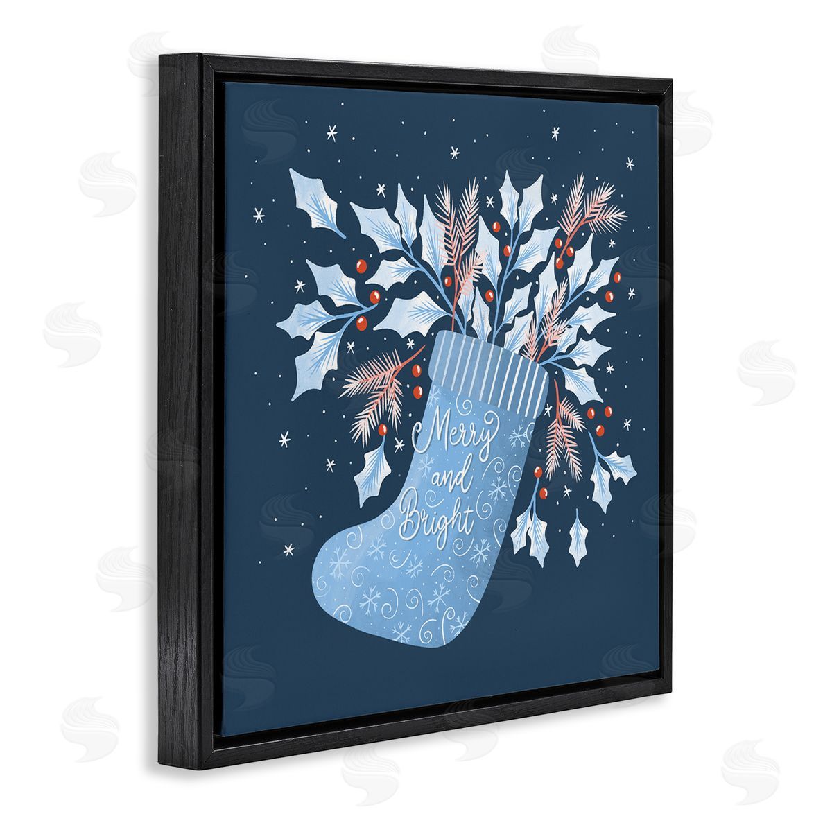 Dominika Godette Merry & Bright Seasonal Holly Berry Sprigs Stocking Black Floating Frame Canvas Wall Art Print