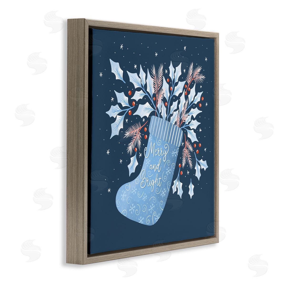 Dominika Godette Merry & Bright Seasonal Holly Berry Sprigs Stocking Brown Floating Frame Canvas Wall Art Print