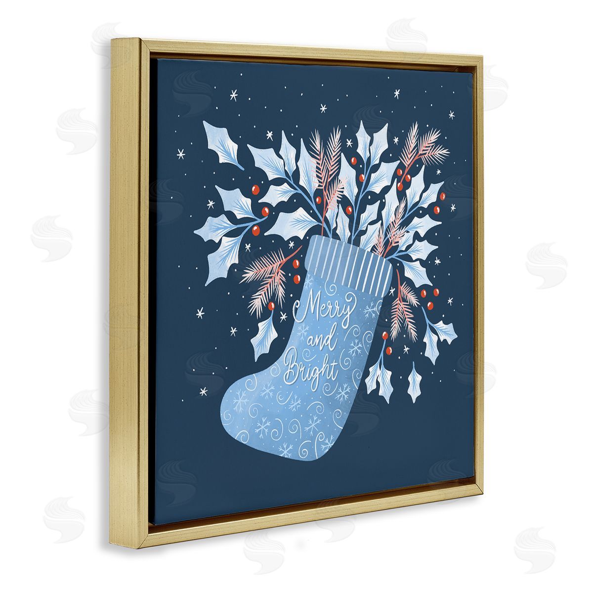Dominika Godette Merry & Bright Seasonal Holly Berry Sprigs Stocking Gold Floating Frame Canvas Wall Art Print
