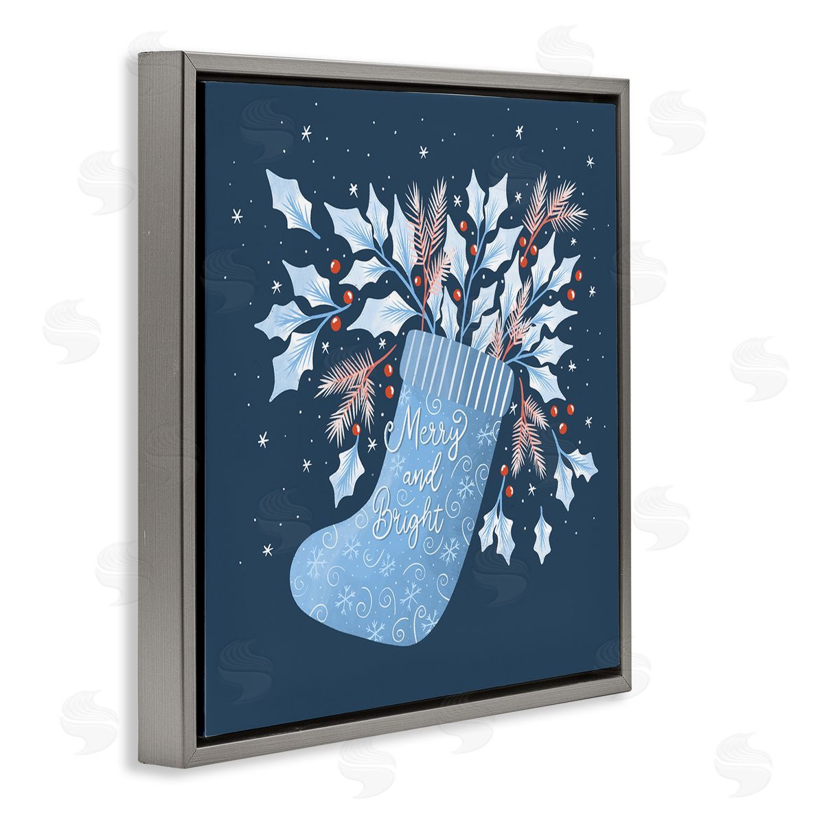 Dominika Godette Merry & Bright Seasonal Holly Berry Sprigs Stocking Gray Floating Frame Canvas Wall Art Print