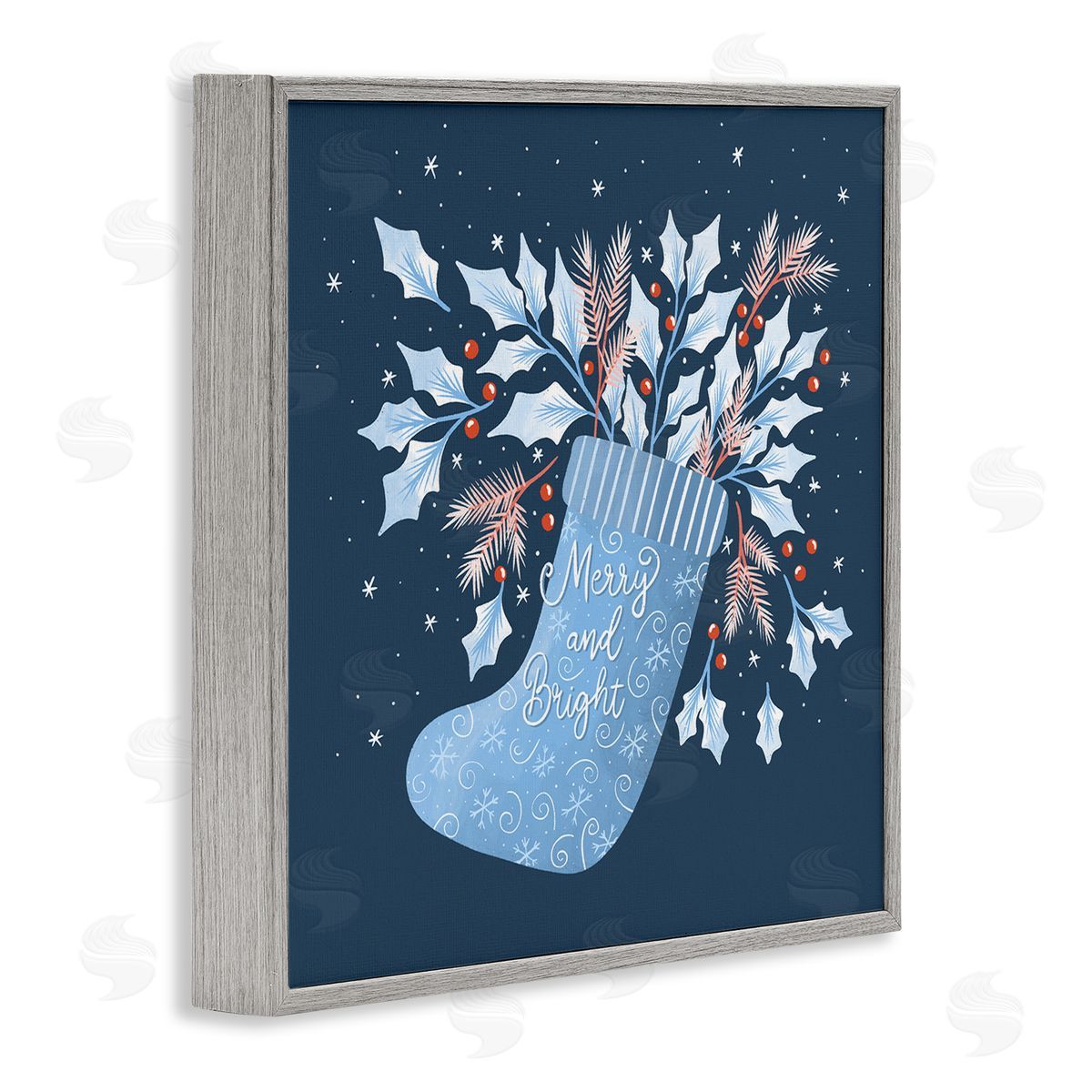 Dominika Godette Merry & Bright Seasonal Holly Berry Sprigs Stocking Gray Framed Glicee Wall Art Print