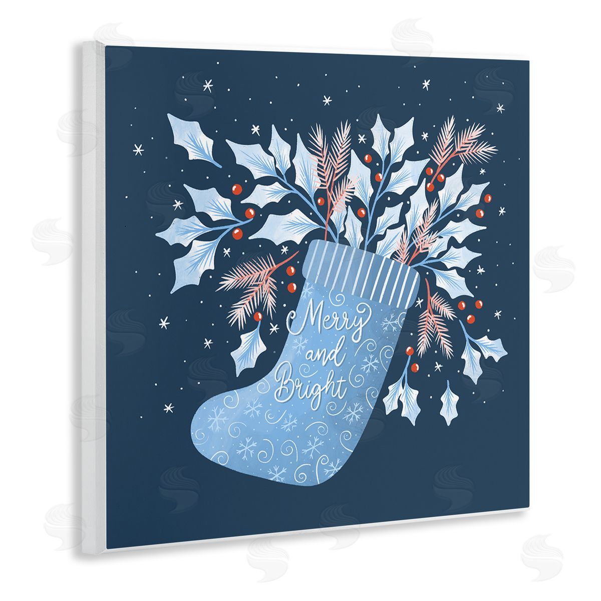 Dominika Godette Merry & Bright Seasonal Holly Berry Sprigs Stocking Wooden Wall Plaque Art Print