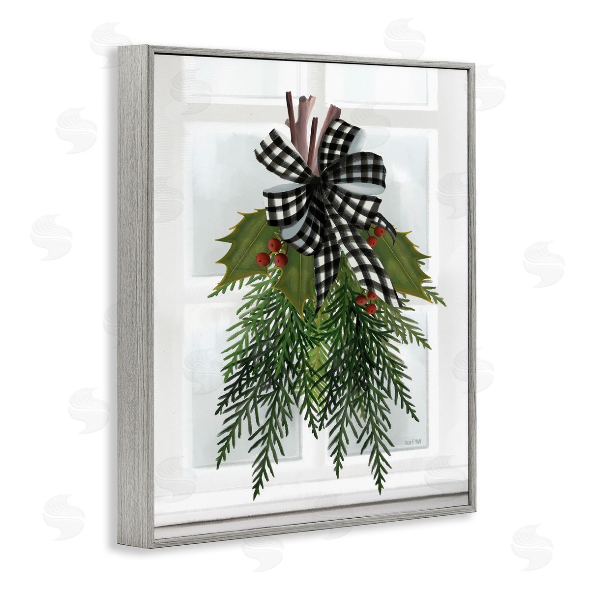 House Fenway Hanging Holly Botanicals Mistletoe Seasonal Winter Flowers Gray Framed Giclee Wall Art Print