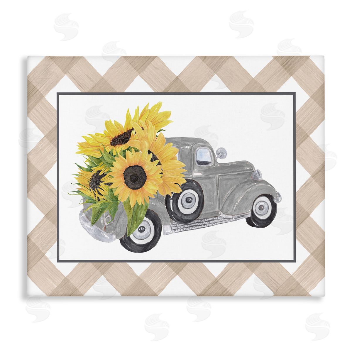 Lettered and Lined Country Vintage Truck Carrying Sunflowers Plaid  Stretched Canvas Wall Art Print